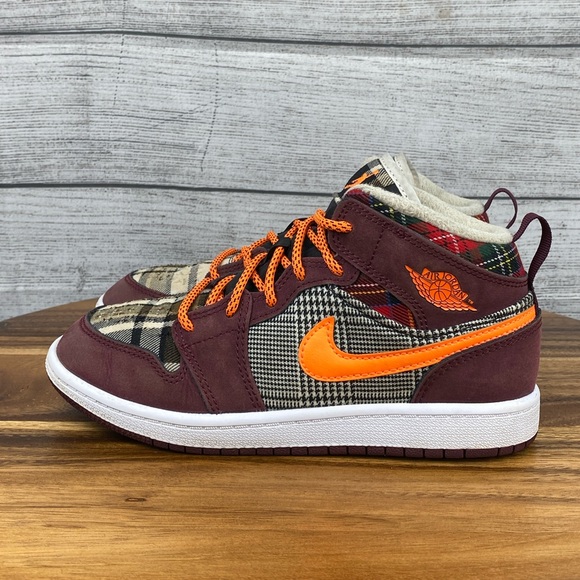 NikeAir Jordan Mid SE Plaid Maroon Orange Shoe FD5461-608 PS
